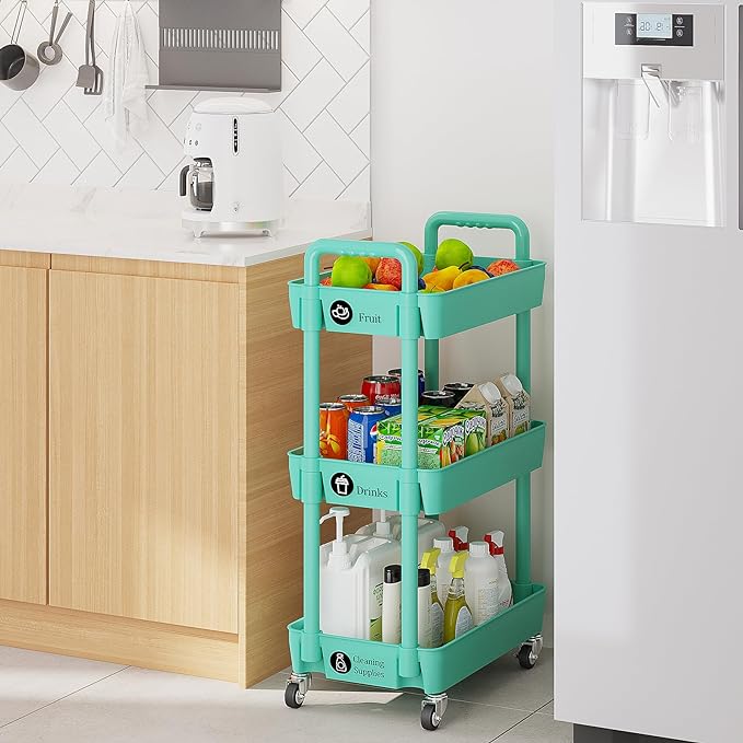 3-Tier Storage Cart,Multifunction Utility Rolling Cart Kitchen Storage Organizer,Mobile Shelving Unit Cart with Lockable Wheels for Bathroom,Laundry,with Classified Stickers,Green - LeafyLoom