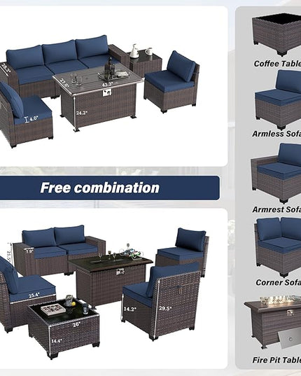 Patio Furniture Sectional Sofa Set 7-Pieces PE Rattan Patio Conversation Set w/43in Gas Fire Pit Table, Outdoor Furniture with 55000 BTU Propane Fire Pit, Navy Blue - LeafyLoom