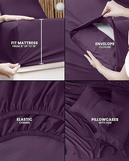 Utopia Bedding Queen Bed Sheets Set - 4 Piece Bedding - Brushed Microfiber - Shrinkage and Fade Resistant - Easy Care (Queen, Purple) - LeafyLoom