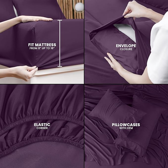 Utopia Bedding Queen Bed Sheets Set - 4 Piece Bedding - Brushed Microfiber - Shrinkage and Fade Resistant - Easy Care (Queen, Purple) - LeafyLoom