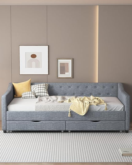 Twin Daybed Frame with 2 Storage Drawers,Upholstered Sofa Bed W/Button & Nailhead Tufted Design,Wood Slats Support,Linen Fabric Bedframe for Living Room Bedroom Apartment,Light Gray - LeafyLoom