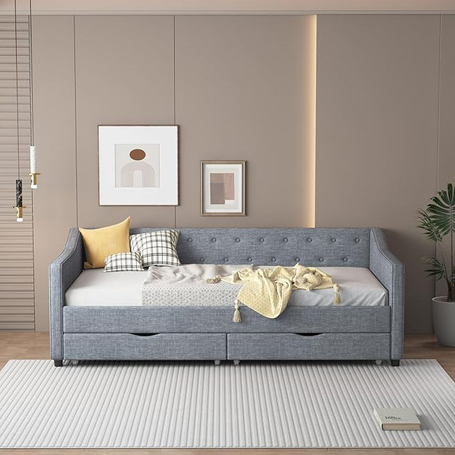 Twin Size Upholstered Daybed with Button Tufted Back and Waved Shape Arms,Elegant Wood Storage Sofa Bed w/Two Drawers,Slat Support,for Apartment,Bedroom,Light Grey - LeafyLoom