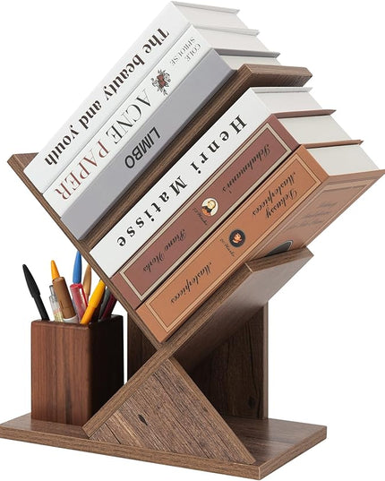 Labcosi 2 Tier Tree Bookshelf, Small Bookshelf for Storing Books/CDs, Wood Book Organizer Shelves for Home Office, Bedroom, Living Room, Rustic Brown - LeafyLoom