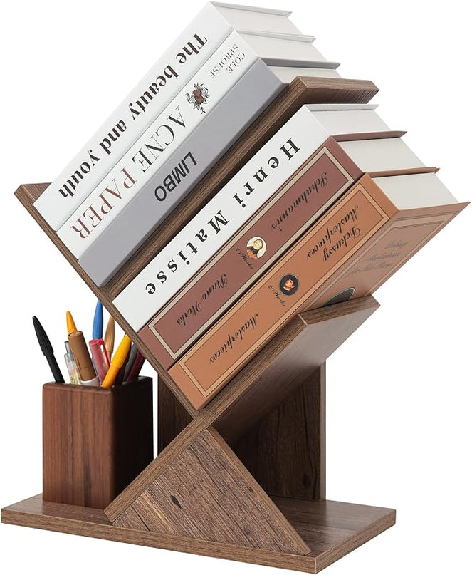 Labcosi 2 Tier Tree Bookshelf, Small Bookshelf for Storing Books/CDs, Wood Book Organizer Shelves for Home Office, Bedroom, Living Room, Rustic Brown - LeafyLoom