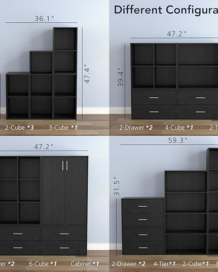 Apexa Stackable Wood Bookcase with Doors, Cube Storage Organizer Shelves, Small Food Pantry, Dorm Teen Room Decor & Bedroom, Home Office, Kitchen, 3-Tier Cabinet, Black - LeafyLoom