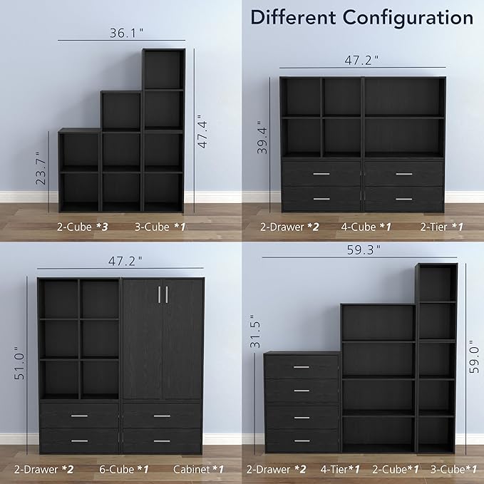 Apexa Stackable Wood Bookcase with Doors, Cube Storage Organizer Shelves, Small Food Pantry, Dorm Teen Room Decor & Bedroom, Home Office, Kitchen, 3-Tier Cabinet, Black - LeafyLoom