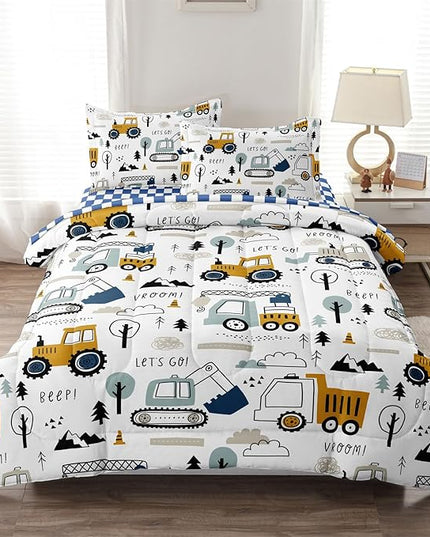 5-Pcs Construction Full Size Boys Bedding Set, Kids Comforter Set for Teens w/Sheets and Pillowcase, Soft Cartoon Tractor Cars Bed in a Bag Sets - LeafyLoom