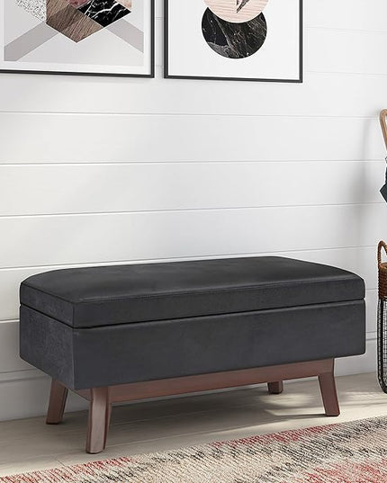 SIMPLIHOME Owen 36 inch Wide Rectangle Small Rectangular Storage Ottoman in Distressed Black Faux Leather, for the Living Room, Family Room and Entryway - LeafyLoom