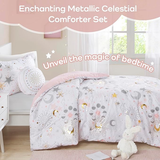 Mi Zone Kids Twin Comforter Set, Celestial Metallic Comforter Set Starry Sky, Moon & Sun Comforters, All Seasons Lightweight & Fluffy Comforter Bed Set, 1 Sham, Celia, Twin, Blush/Gold 3 Piece - LeafyLoom