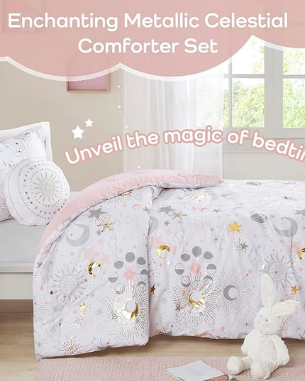 Mi Zone Kids Full Comforter Set, Celestial Metallic Comforter Set Starry Sky, Moon & Sun Comforters, All Seasons Lightweight & Fluffy Comforter Bed Set, 2 Shams, Celia, Full/Queen, Blush/Gold 4 Piece - LeafyLoom