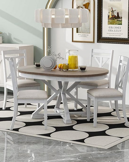 NicBex Dining Table for 4 Kitchen Table and Chairs 5-Piece Retro Functional Dining Table Set Extendable Round Table and 4 Upholstered Chairs for Dining Room and Living Room, Brown + Antique White - LeafyLoom
