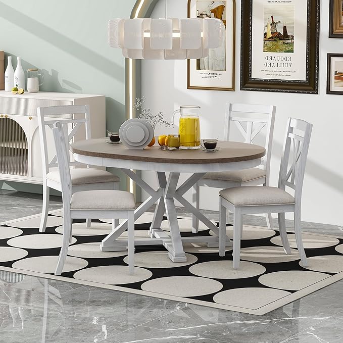 NicBex Dining Table for 4 Kitchen Table and Chairs 5-Piece Retro Functional Dining Table Set Extendable Round Table and 4 Upholstered Chairs for Dining Room and Living Room, Brown + Antique White - LeafyLoom