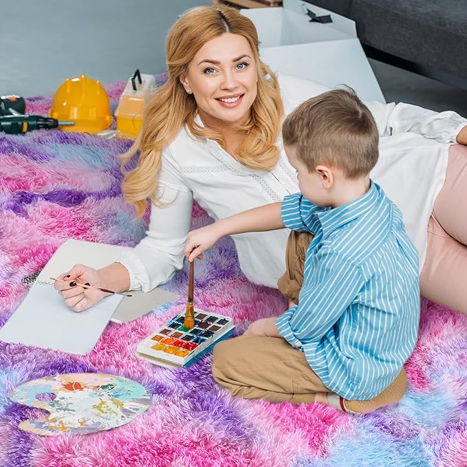 AROGAN Soft Rainbow Area Rugs for Girls Room 5x8 Feet, Fluffy Girls Bedroom Rugs, Princess Rug, Cute Colorful Carpet for Kids Teens Nursery Toddler, Hot Pink - LeafyLoom