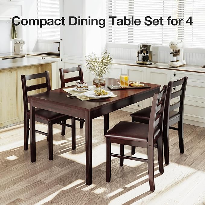 KKL Dining Table Set for 4, Malaysian Oak Kitchen Table and Chairs for Home and Apartment, 5-Piece Farmhouse Wood Kitchen and Dining Room Table Set, Easy Assembly - LeafyLoom