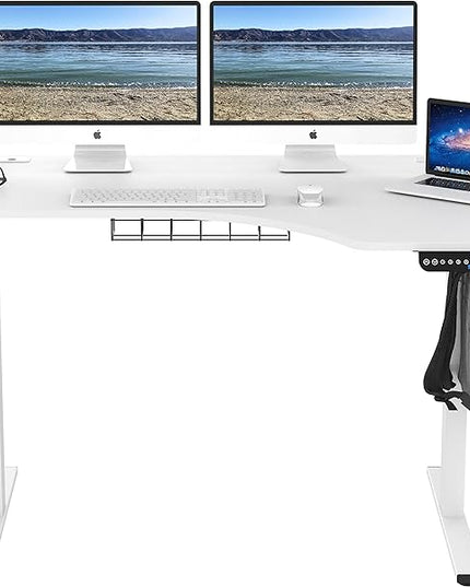 SHW 55-Inch L-Shaped Electric Height Adjustable L-Shaped Standing Desk with Right Facing Corner, White - LeafyLoom