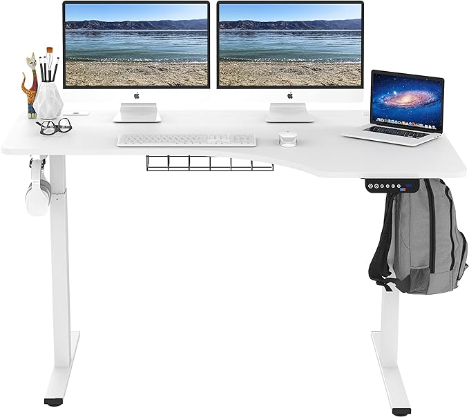 SHW 55-Inch L-Shaped Electric Height Adjustable L-Shaped Standing Desk with Right Facing Corner, White - LeafyLoom