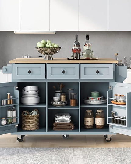 Kitchen Cart with Rubber Wood Drop-Leaf Countertop, Kitchen Island On 5 Wheels with Storage Cabinet, 3 Drawers and Internal Storage Racks, Rolling Mobile Portable Serving Carts (Blue) - LeafyLoom