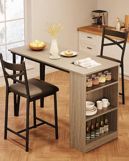 GAOMON Dining Table Set for 2, Kitchen Bar Table and Chairs Set for 2, 3PCS Kitchen Table Set with 2 Upholstered Chairs, Expandable Counter Height Bar Table Set with 3 Storage, Grey - LeafyLoom