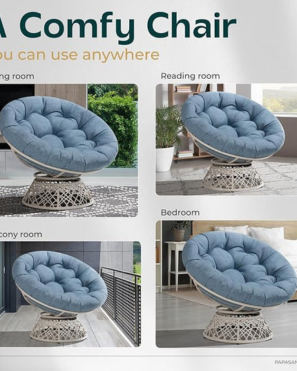 Bme 40" Ergonomic Wicker Papasan Chair with Soft Thick Density Fabric Cushion, High Capacity Steel Frame, 360 Degree Swivel for Living, Bedroom, Reading Room, Lounge, Serene Oasis - White Base - LeafyLoom