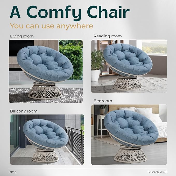 Bme 40" Ergonomic Wicker Papasan Chair with Soft Thick Density Fabric Cushion, High Capacity Steel Frame, 360 Degree Swivel for Living, Bedroom, Reading Room, Lounge, Serene Oasis - White Base - LeafyLoom