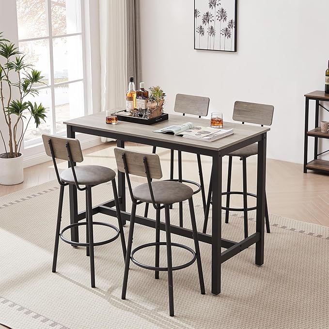 Dining Table Set for 4 Bar Table and Chairs Set, Industrial Counter Height Bar Table Set with 4 PU Upholstered Seat Stools with Backrest & Footrest, for Home & Kitchen Breakfast, Grey - LeafyLoom