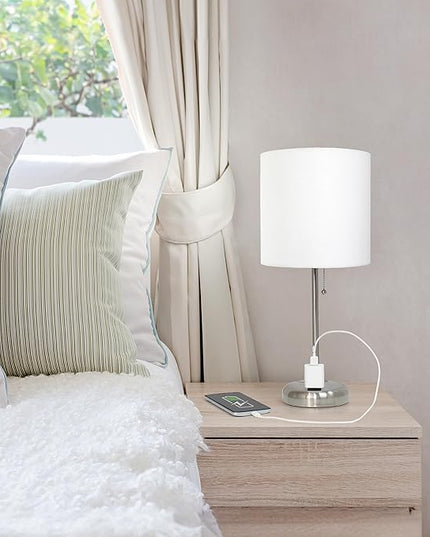 Simple Designs LT1144-WHT Sleek and Slender Brushed Steel Table Lamp with Charging Outlet, for Bedroom, Living Room, Entryway, Office, Dining Room, Study, White Shade - LeafyLoom