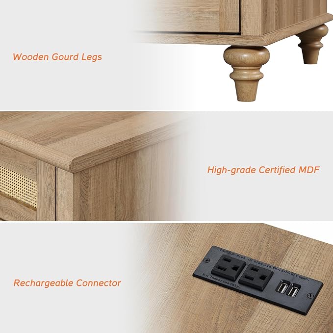 WAMPAT Farmhouse Rattan End Table with Charging Station, Wood Side Table with Drawer & Storage Cabinet, Oak Nightstand with Power Outlets & USB Ports for Living Room, Bedroom, Burlywood - LeafyLoom