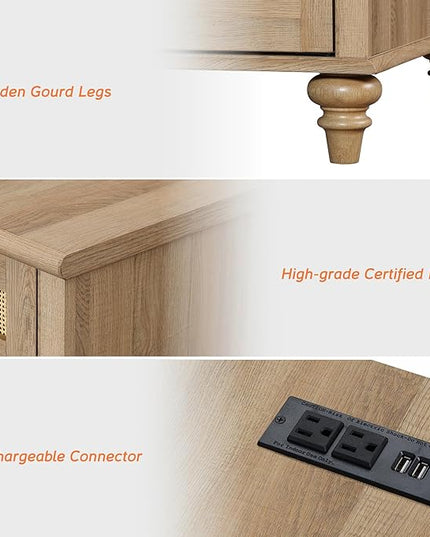 WAMPAT End Tables with Charging Station Set of 2, Rattan Side Table Farmhouse Nightstand with Drawer & Cabinet, Wooden Bedside Table with Power Outlets & USB Ports for Bedroom & Living Room, Burlywood - LeafyLoom