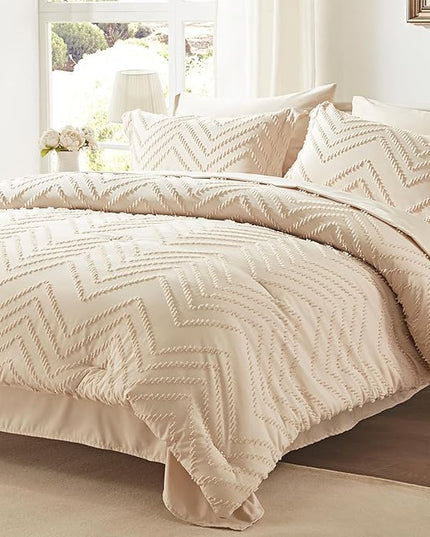 Anluoer King Bed in a Bag 7 Pieces, Beige Tufted Comforter Set with comforters and sheets, All Season Bedding Sets with 1 Comforter, 2 PillowShams, 2 Pillowcases, 1 Flat Sheet, 1 Fitted Sheet - LeafyLoom