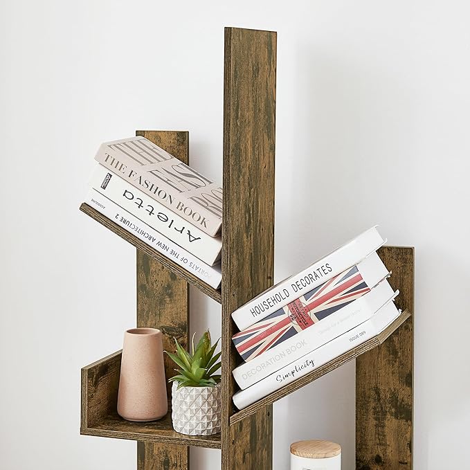 VECELO 8 Shelf Tree Bookcase,Wooden Tree Bookshelf Display with 8 Storage Shelves,Tree-Shaped Shelf Racks Organizer for Books,Magazines,CDs Decors for LivingRoom Bedroom Home Office,Rustic Brown - LeafyLoom