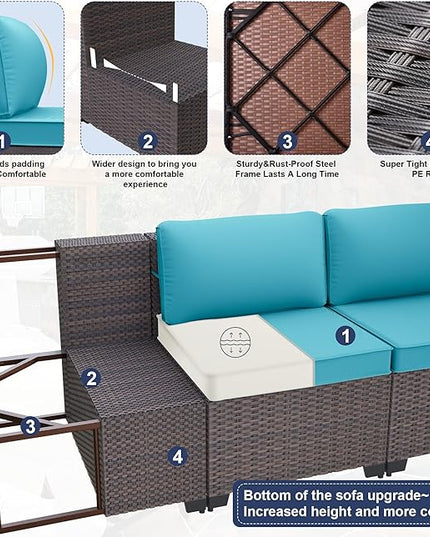 Patio Furniture Set 9-Pieces Outdoor Furniture for Backyard Wicker Sectional Sofa Set, Rattan Patio Conversation Set with Thickened Cushions and Glass Coffee Table, Turquoise - LeafyLoom
