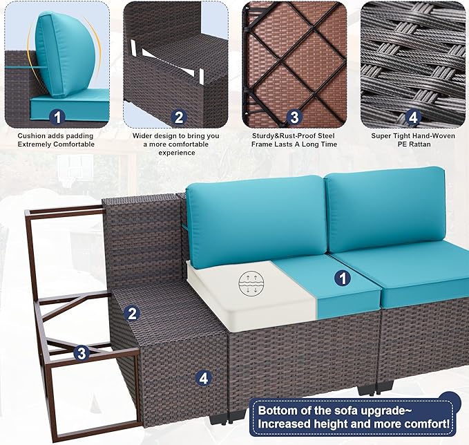 Patio Furniture Set with Fire Pit Table 15 PCS Outdoor Sectional Furniture Outdoor Rattan Patio Conversation Sets with 43in 55,000 BTU Propane Gas Fire Pit Table Glass Table, Blue - LeafyLoom