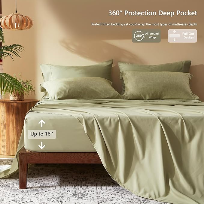 UNILIBRA King Comforter Set 7 Pieces Bed in a Bag - Olive Green King Soft Bedding Set for All Seasons - Cationic Dyeing Bed Comforter Sets with Comforter, Flat Sheet, Fitted Sheet, Pillowcases & Shams - LeafyLoom