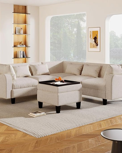 Sectional Sofa with 6 Pillows, Modern L-Shaped Modular Couch Upholstered 6 Seaters Living Room Indoor Furniture Sofa&Couch W/ & Coffee table Storage Ottoman, for Apartment,Various Combinations - LeafyLoom