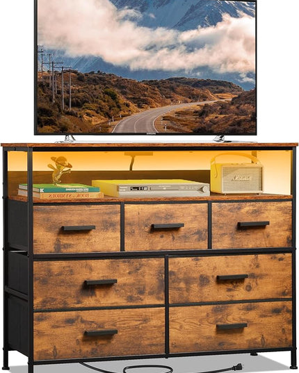 Dresser TV Stand with 7 Drawers, Dresser TV Stand with LED Lights & Power Outlets, Bedroom Dresser, Chest of Drawers up to 45'' Long TV, Wide Fabric Dresser with Open Shelf (Rustic Brown) - LeafyLoom