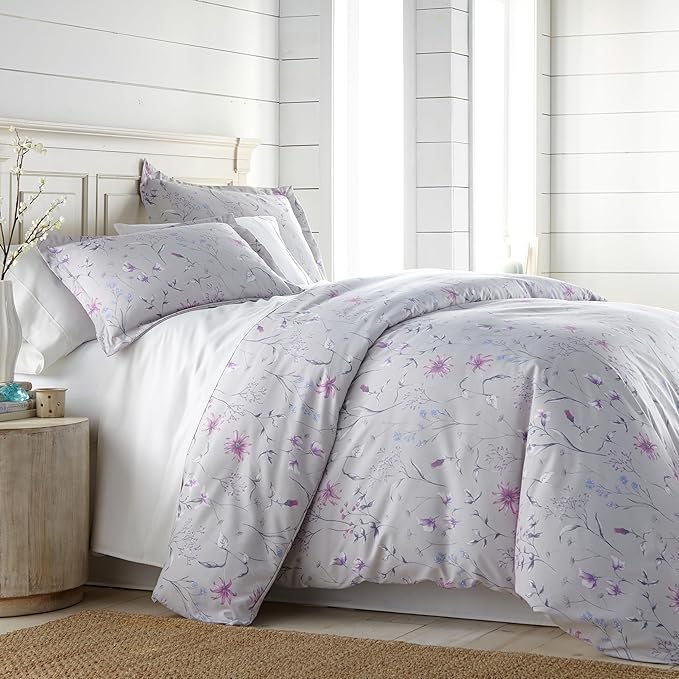Southshore Fine Living, Inc. 3-Piece Oversized King Comforter Set, Down Alternative All-Season Comforter with Matching Shams, Soft Floral Bedspread for King or Cal King Beds, Secret Meadow Grey - LeafyLoom