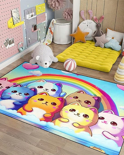 Cat Rainbow Rug for Girls Bedroom - Colorful Cat Area Rug Cat Rainbow Printed Carpet for Kids Room Cute Cartoon Cat Rug Home Decor, 4x5 Feet - LeafyLoom