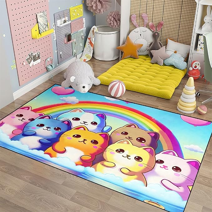 Cat Rainbow Rug for Girls Bedroom - Colorful Cat Area Rug Cat Rainbow Printed Carpet for Kids Room Cute Cartoon Cat Rug Home Decor, 5x7 Feet - LeafyLoom
