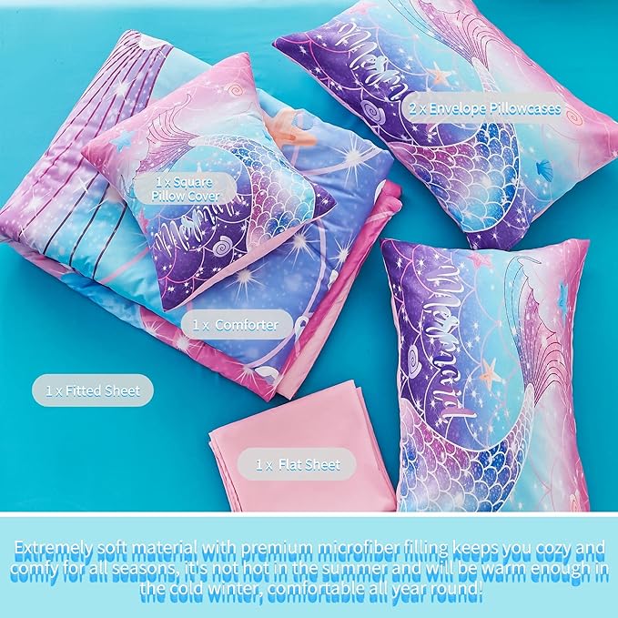 RYNGHIPY Mermaid Comforter Set 6Pcs, Kids Gilrs Bed in a Bag Twin Size, Mermaid Tail Print Teens Girls Bedding Set, Rainbow Bedding Collections - LeafyLoom