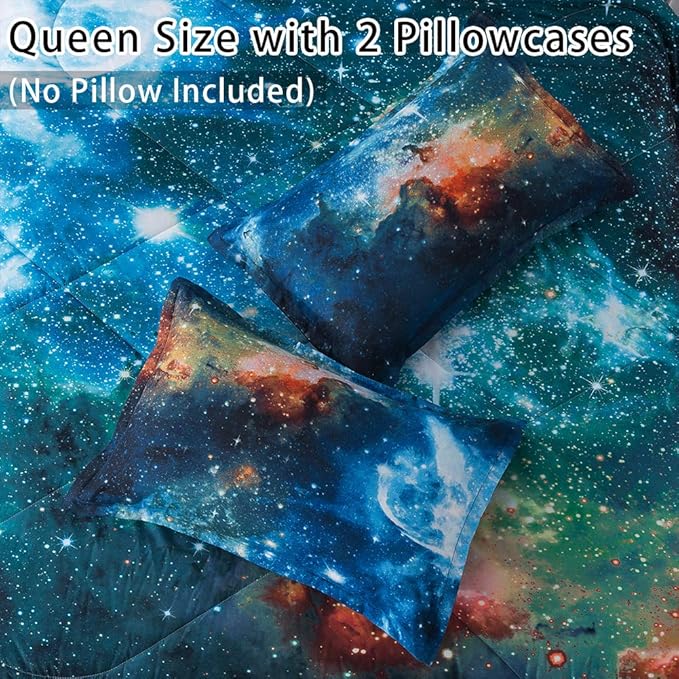 Litanika 3D Galaxy Comforter Queen(90x90lnch), 3 Pieces(1 Galaxy Comforter, 2 Pillowcases), Universe Nebula Outer Space Comforter, Microfiber Bedding Set for Boys Kids - LeafyLoom
