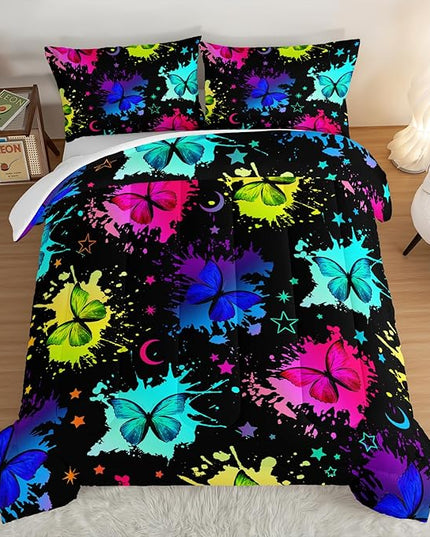 HOSIMA Colorful Butterfly Comforter Set for College Girls and Boys Full Size Bed in a Bag Set,3Pcs Bedding Set Colorful Ink Print Comforter with 2 Pillowcases,Star Moon Black Comforter. - LeafyLoom