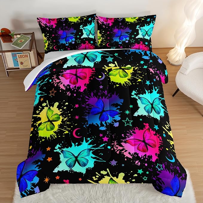 HOSIMA Colorful Butterfly Comforter Set for College Girls and Boys,3Pcs Bedding Set Colorful Ink Print Comforter with 2 Pillowcases,Star Moon Black King Size Comforter Set for All Seasons. - LeafyLoom
