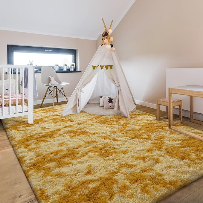 Large Area Rugs for Living Room, Super Soft Fluffy Modern Bedroom Rug, Tie-Dyed Orange Yellow Indoor Shag Fuzzy Carpets for Girls Kids Nursery Room Home Decor (A-Orange, 6x9 Feet) - LeafyLoom