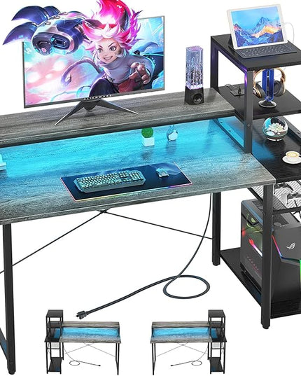 39.4'' Gaming Desk with LED and Storage Shelves, 39 Computer Desk with Long Monitor Stand, Small Desk for Small Space, Simple Study Student Writing Desk, Laptop Table for Home Office, Grey - LeafyLoom