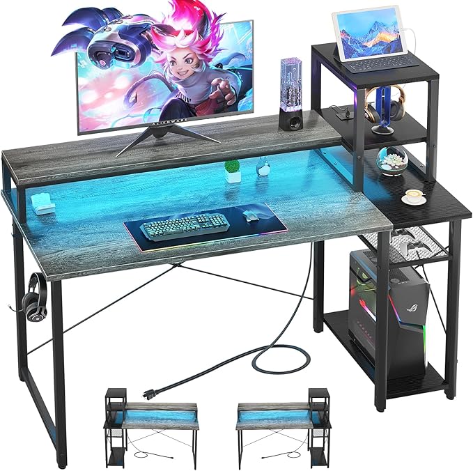 39.4'' Gaming Desk with LED and Storage Shelves, 39 Computer Desk with Long Monitor Stand, Small Desk for Small Space, Simple Study Student Writing Desk, Laptop Table for Home Office, Grey - LeafyLoom