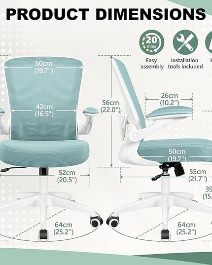 MINLOVE Office Chair Ergonomic Desk Chair with Lumbar Support and Height, Rolling Swivel Desk Chair with Wheels and Flip-up Arms, Breathable Mesh Executive Computer Chair for Home Office(Light Blue) - LeafyLoom