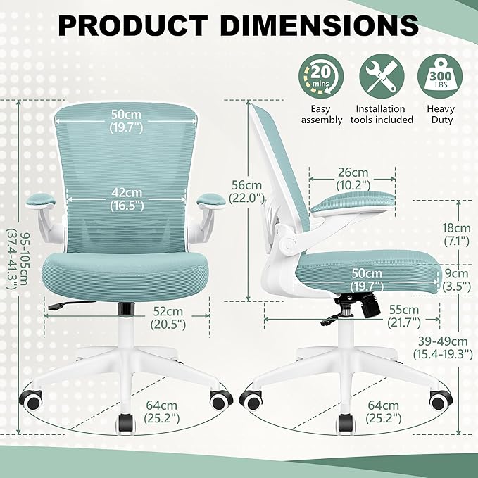 MINLOVE Office Chair Ergonomic Desk Chair with Lumbar Support and Height, Rolling Swivel Desk Chair with Wheels and Flip-up Arms, Breathable Mesh Executive Computer Chair for Home Office(Light Blue) - LeafyLoom