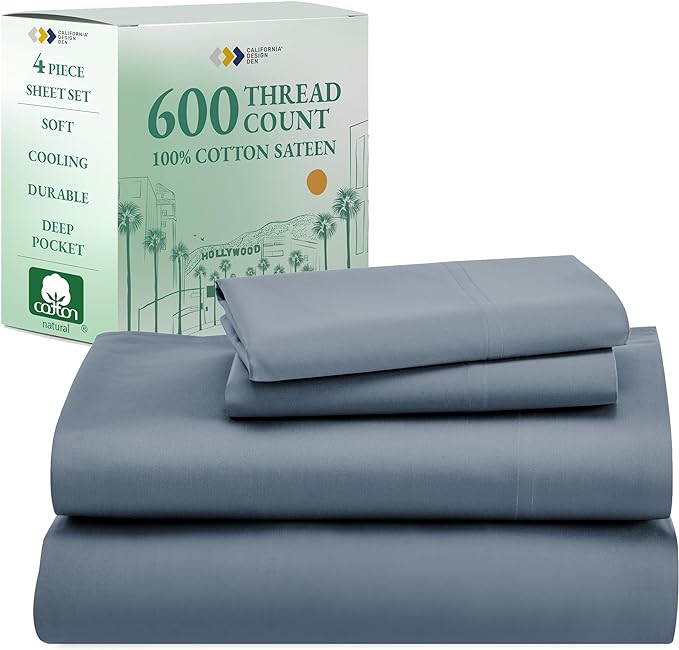 California Design Den California King Sheet Set - 100% Cotton, 600 Thread Count Deep Pocket Cal King Sheet Set, Luxury Soft Hotel-Quality Sheets with Sateen Weave - Pastel Blue - LeafyLoom