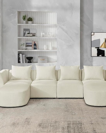 U Shape Sectional Sofa with Two Chaises, Upholstered Modular Couch w/Pillows for for Living Room, Office, DIY Combination, Beige, 117" - LeafyLoom