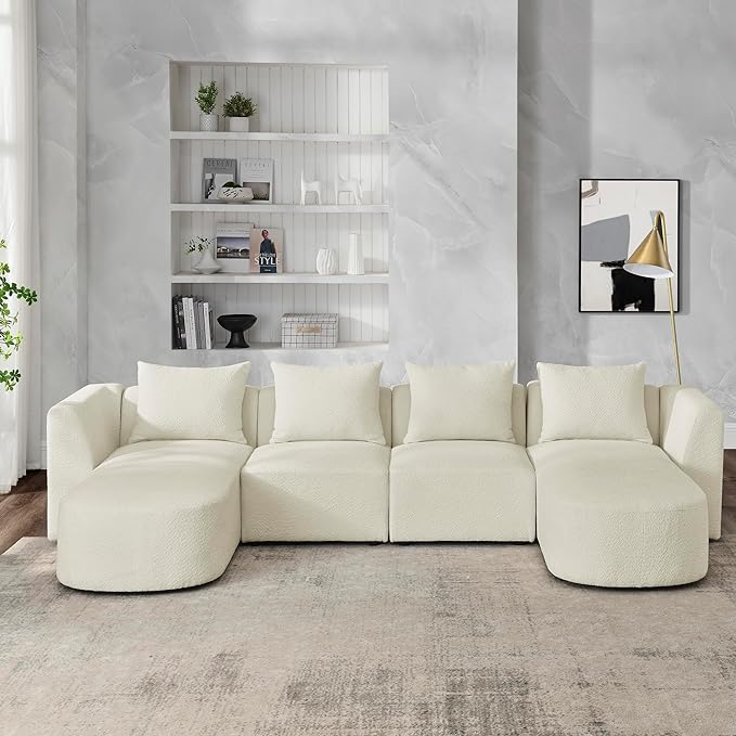 U Shape Sectional Sofa with Two Chaises, Upholstered Modular Couch w/Pillows for for Living Room, Office, DIY Combination, Beige, 117" - LeafyLoom